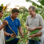 Epidemiologia crítica. Grupo diverso composto por um cientista acadêmico e líderes comunitários indígenas em uma pequena plantação de bananas orgânicas, examinando a saúde das plantas e do solo. O cenário representa a 'ciência intercultural' e o 'monitório de saúde comunitário' em oposição à vigilância vertical do Estado