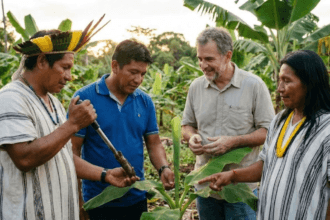 Epidemiologia crítica. Grupo diverso composto por um cientista acadêmico e líderes comunitários indígenas em uma pequena plantação de bananas orgânicas, examinando a saúde das plantas e do solo. O cenário representa a 'ciência intercultural' e o 'monitório de saúde comunitário' em oposição à vigilância vertical do Estado