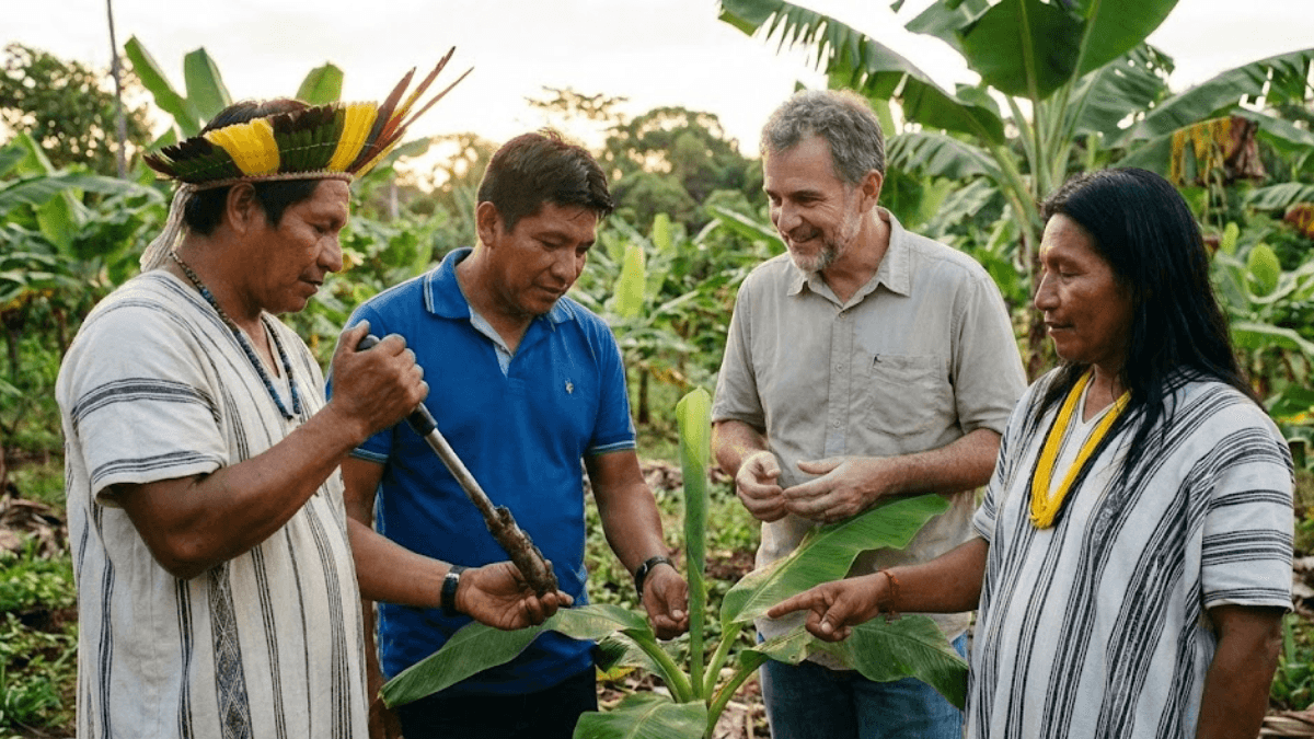 Epidemiologia crítica. Grupo diverso composto por um cientista acadêmico e líderes comunitários indígenas em uma pequena plantação de bananas orgânicas, examinando a saúde das plantas e do solo. O cenário representa a 'ciência intercultural' e o 'monitório de saúde comunitário' em oposição à vigilância vertical do Estado