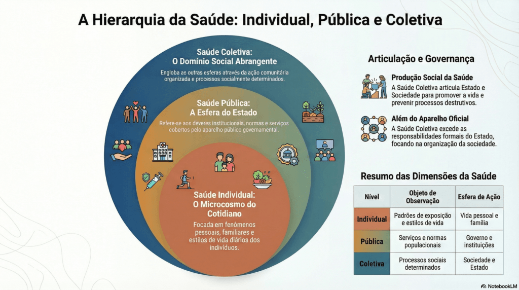 Diagrama mostrando que a saúde coletiva engloba a saúde pública e a individual, relacionando-as com a sociedade e o Estado.
