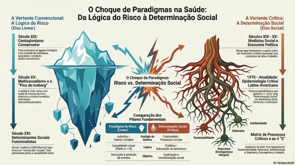 Diagrama mostrando o choque histórico de paradigmas na epidemiologia, culminando na epidemiologia crítica.